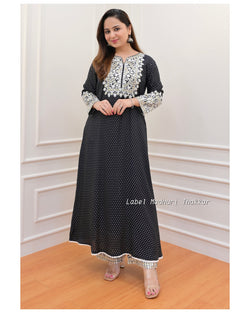 Black Polka Threadwork Kurta Set