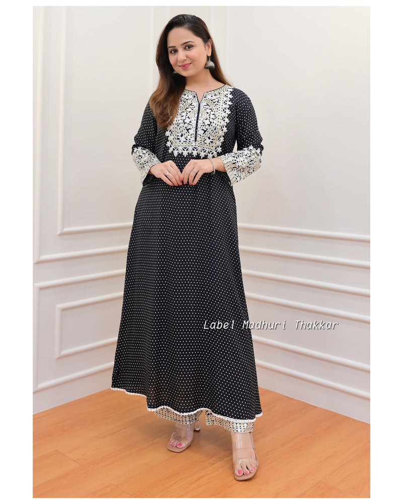 Black Polka Threadwork Kurta Set