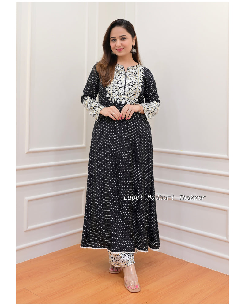 Black Polka Threadwork Kurta Set