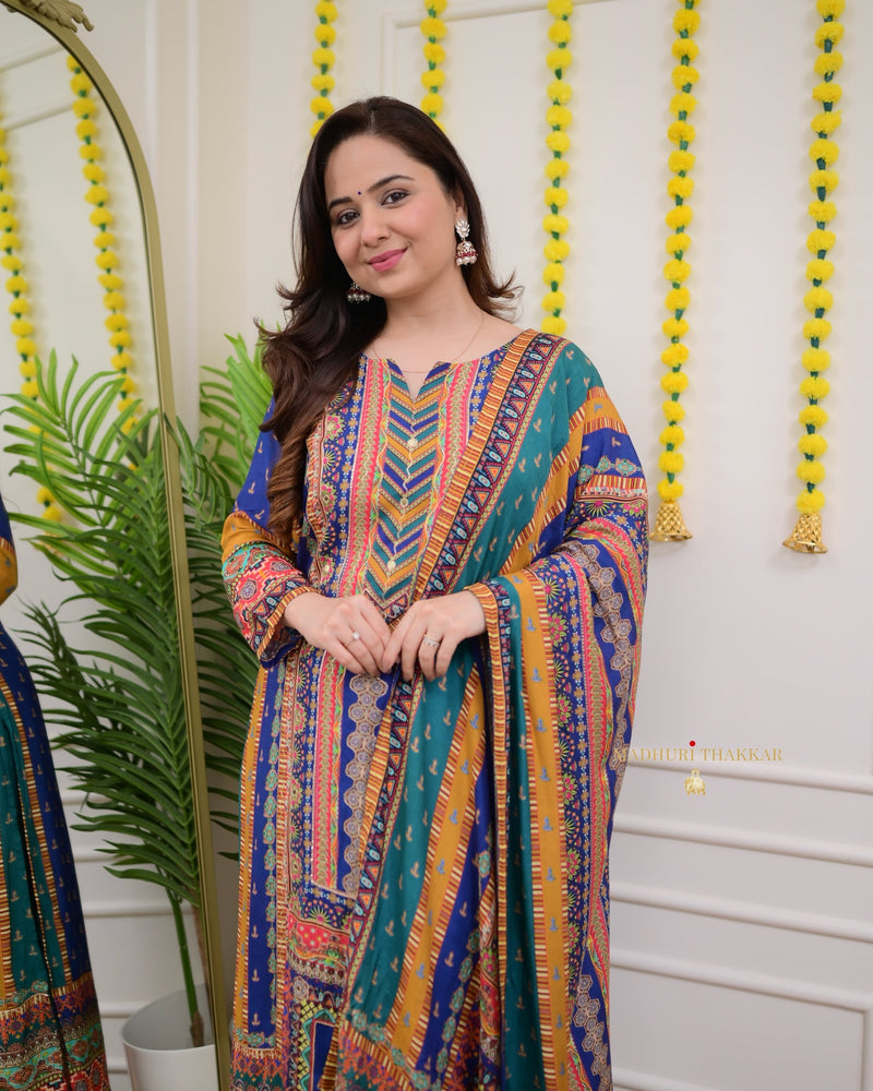 Rama Blue Handwork Muslin Patchprint Suit