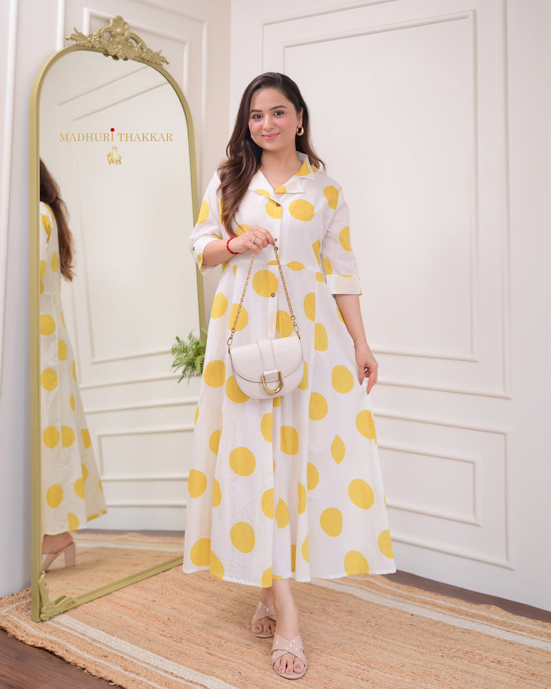 Yellow Polka Dots Cotton A Line Dress