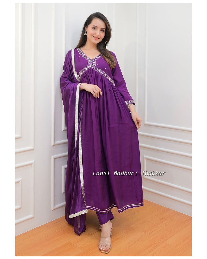 Purple A Line Embroidered Silk Suit