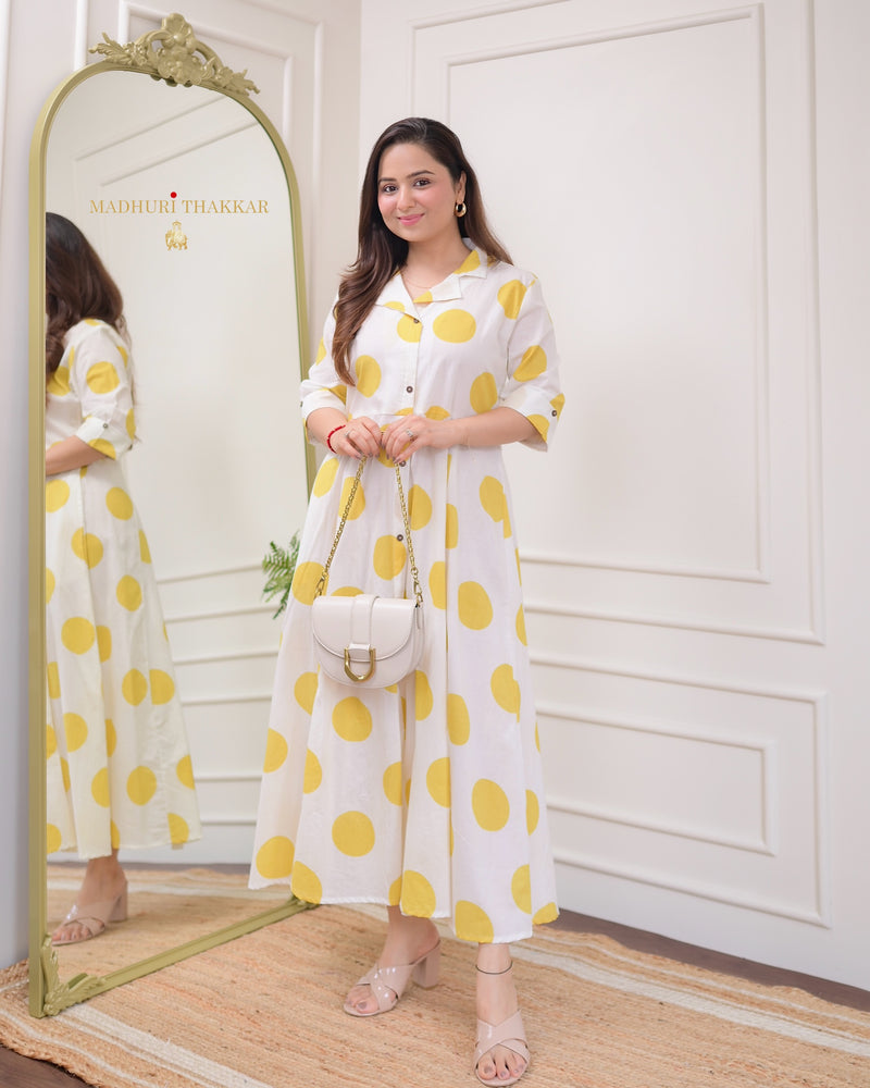 Yellow Polka Dots Cotton A Line Dress