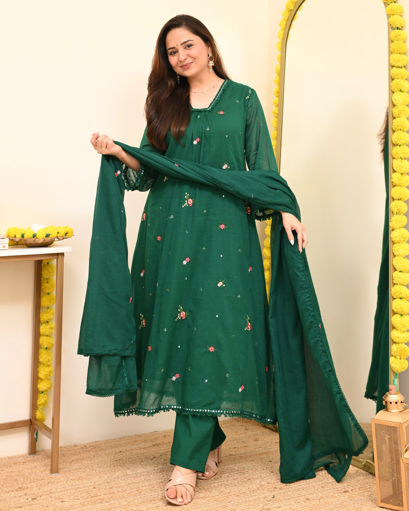 Emerald Bloom Minimal Floral Mul Cotton A Line Suit
