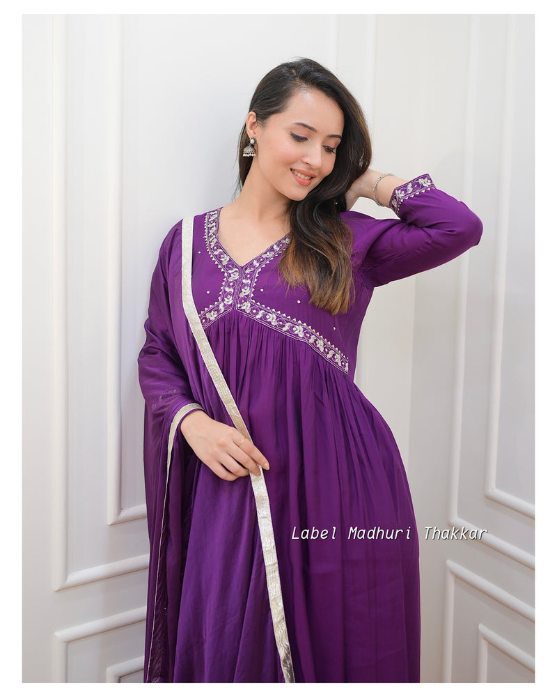 Purple A Line Embroidered Silk Suit