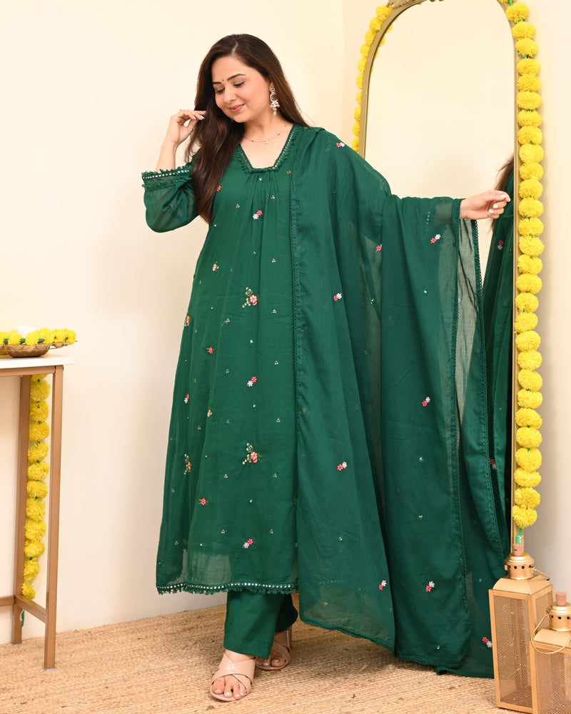 Emerald Bloom Minimal Floral Mul Cotton A Line Suit