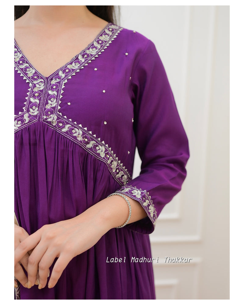 Purple A Line Embroidered Silk Suit