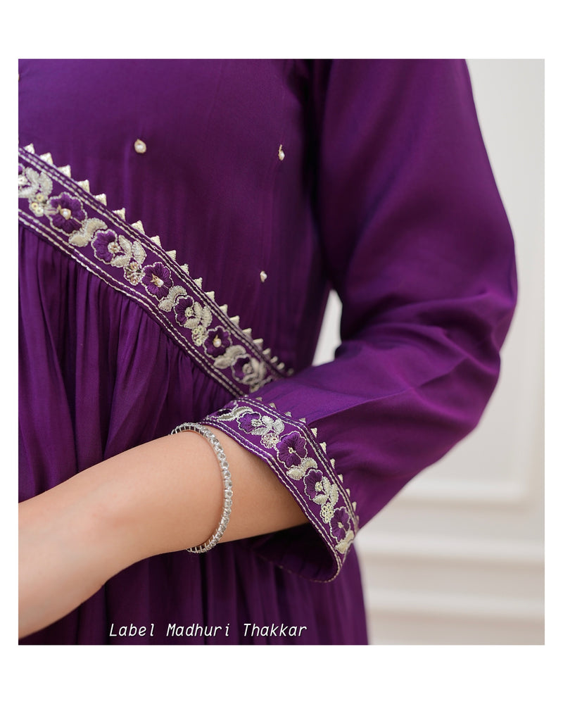 Purple A Line Embroidered Silk Suit