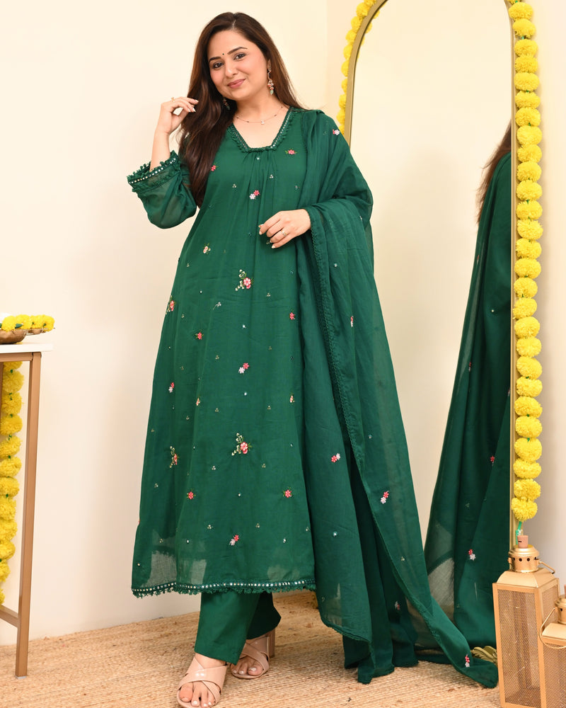 Emerald Bloom Minimal Floral Mul Cotton A Line Suit