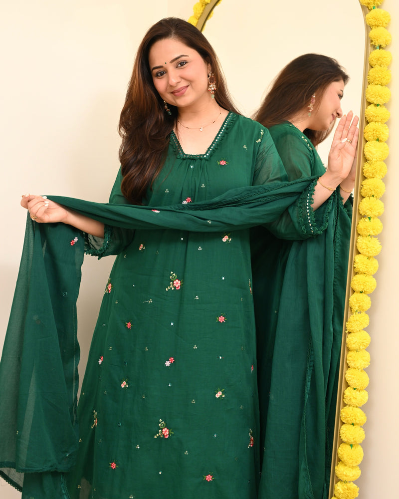 Emerald Bloom Minimal Floral Mul Cotton A Line Suit