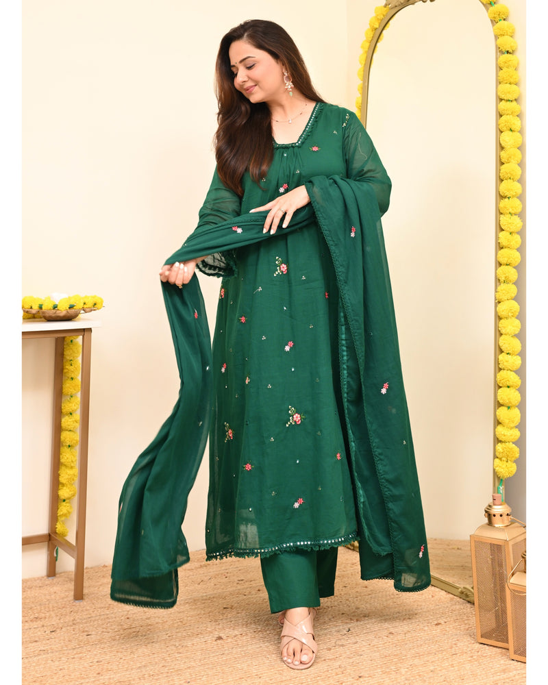 Emerald Bloom Minimal Floral Mul Cotton A Line Suit