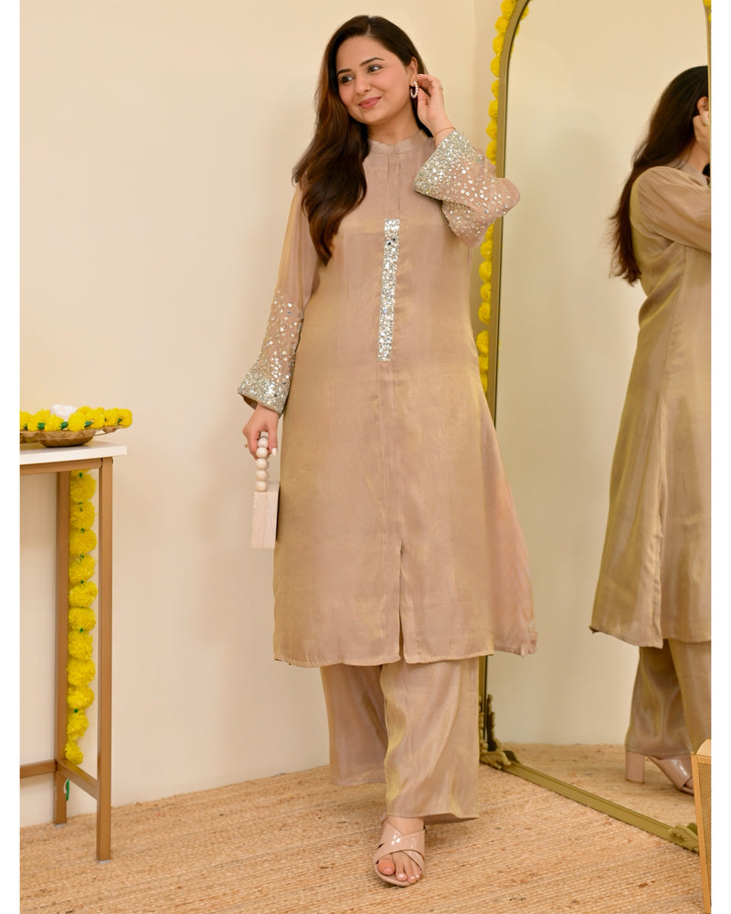 Sparkling Champagne Premium Tissue Silk Handwork Kurta Set