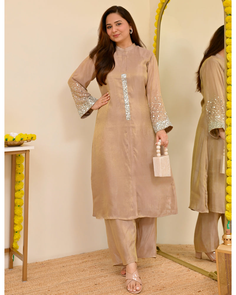 Sparkling Champagne Premium Tissue Silk Handwork Kurta Set