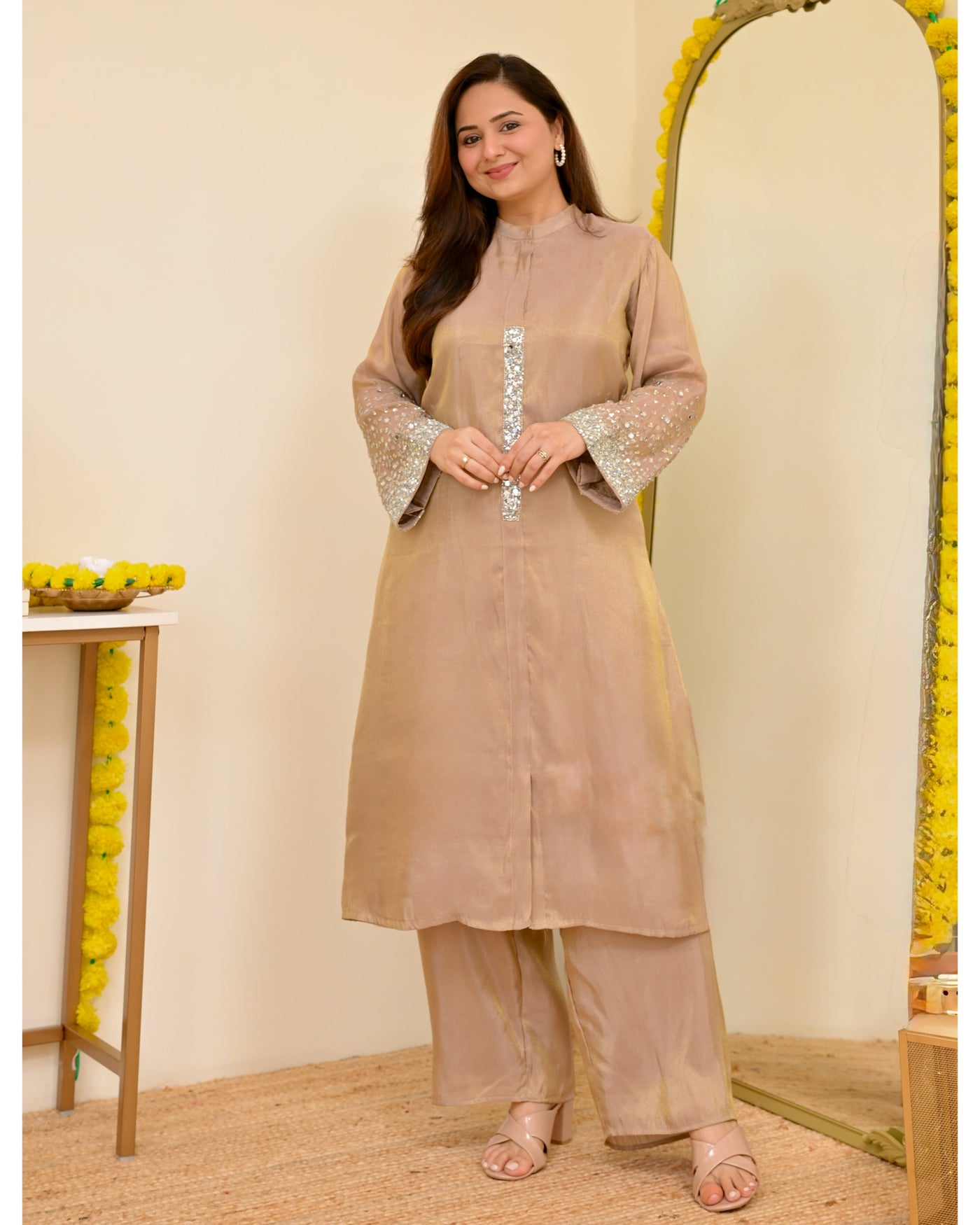 Sparkling Champagne Premium Tissue Silk Handwork Kurta Set