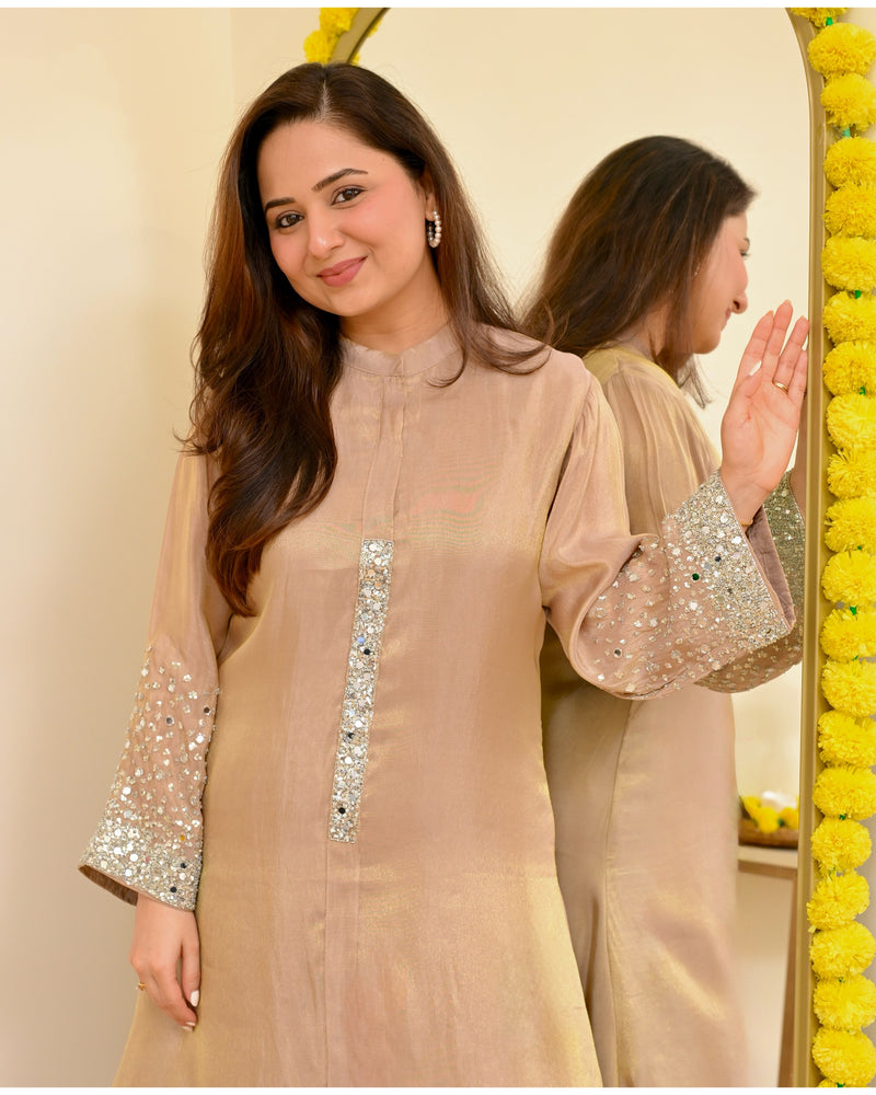 Sparkling Champagne Premium Tissue Silk Handwork Kurta Set