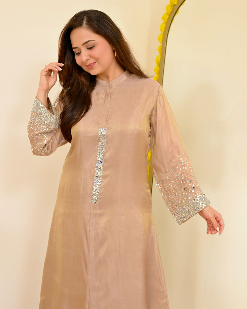 Sparkling Champagne Premium Tissue Silk Handwork Kurta Set