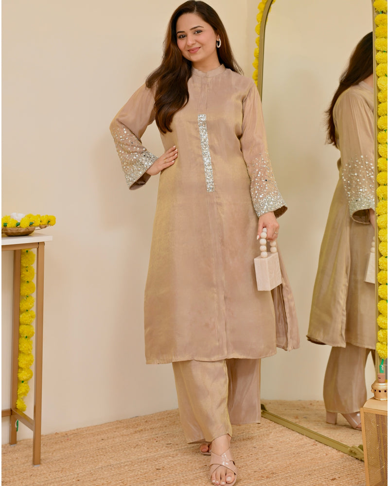 Sparkling Champagne Premium Tissue Silk Handwork Kurta Set