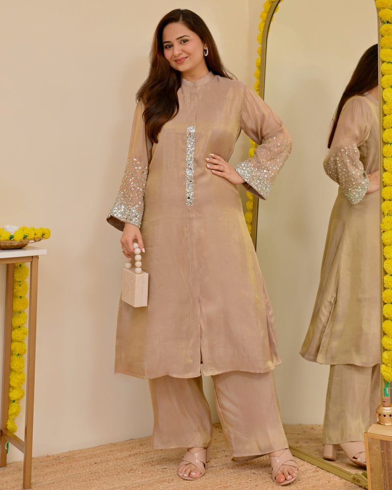 Sparkling Champagne Premium Tissue Silk Handwork Kurta Set