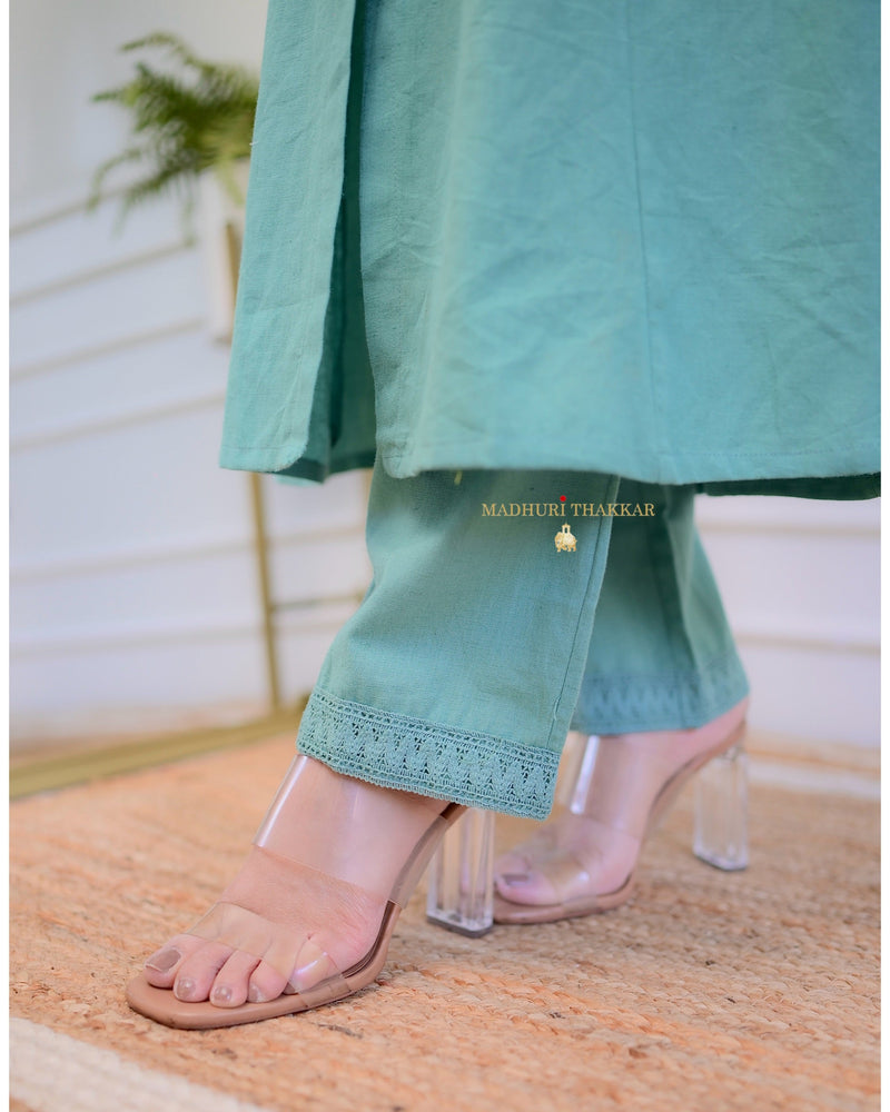 Turquoise A Line Cotton Kurta Set