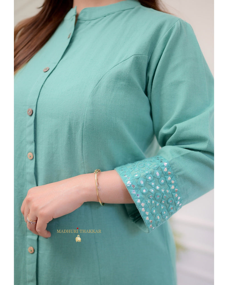 Turquoise A Line Cotton Kurta Set
