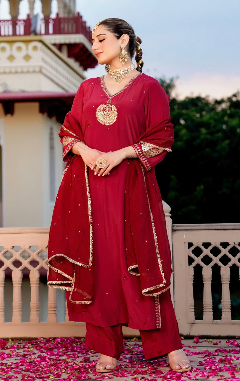 Ruhani Maroon Pure Crepe A Line Festive Suit