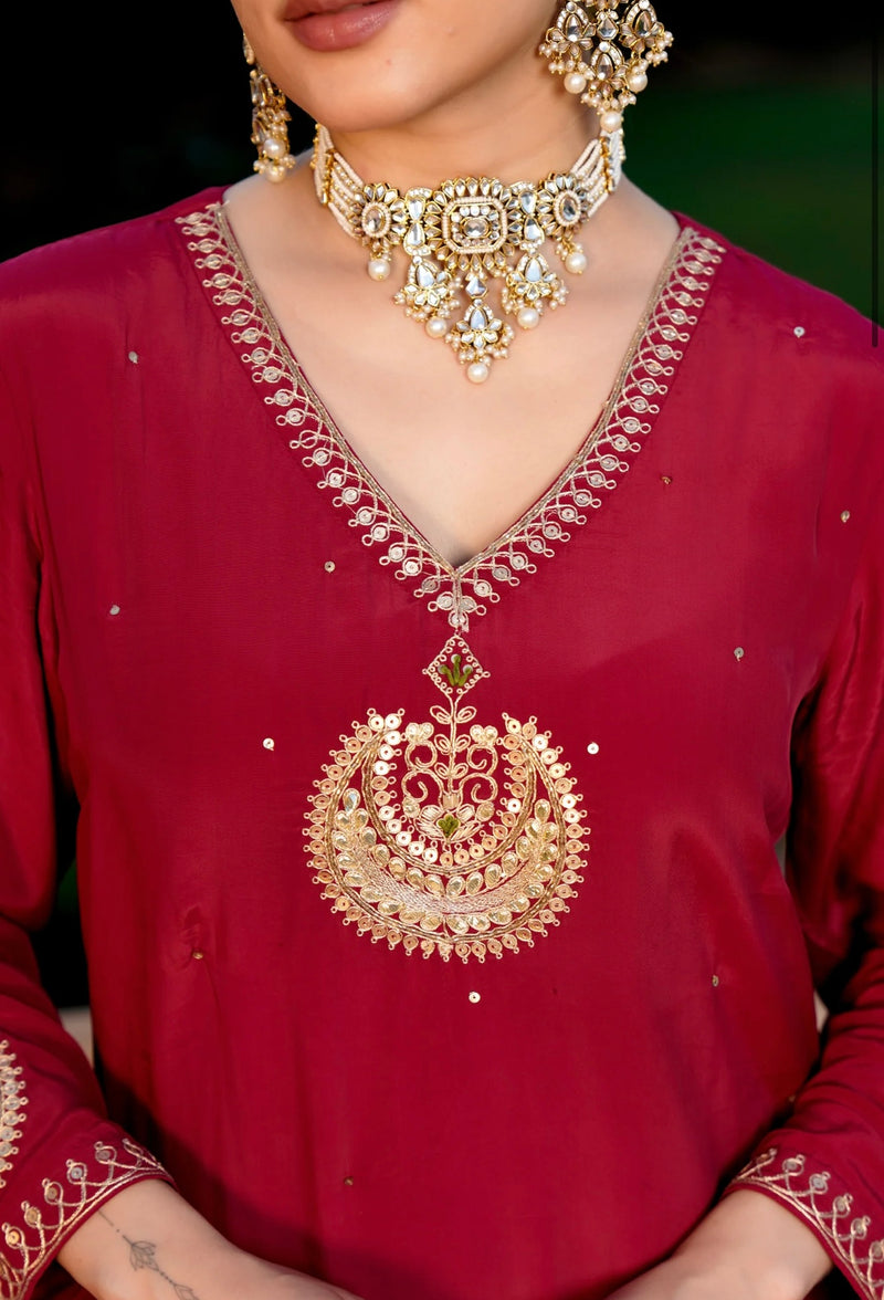 Ruhani Maroon Pure Crepe A Line Festive Suit