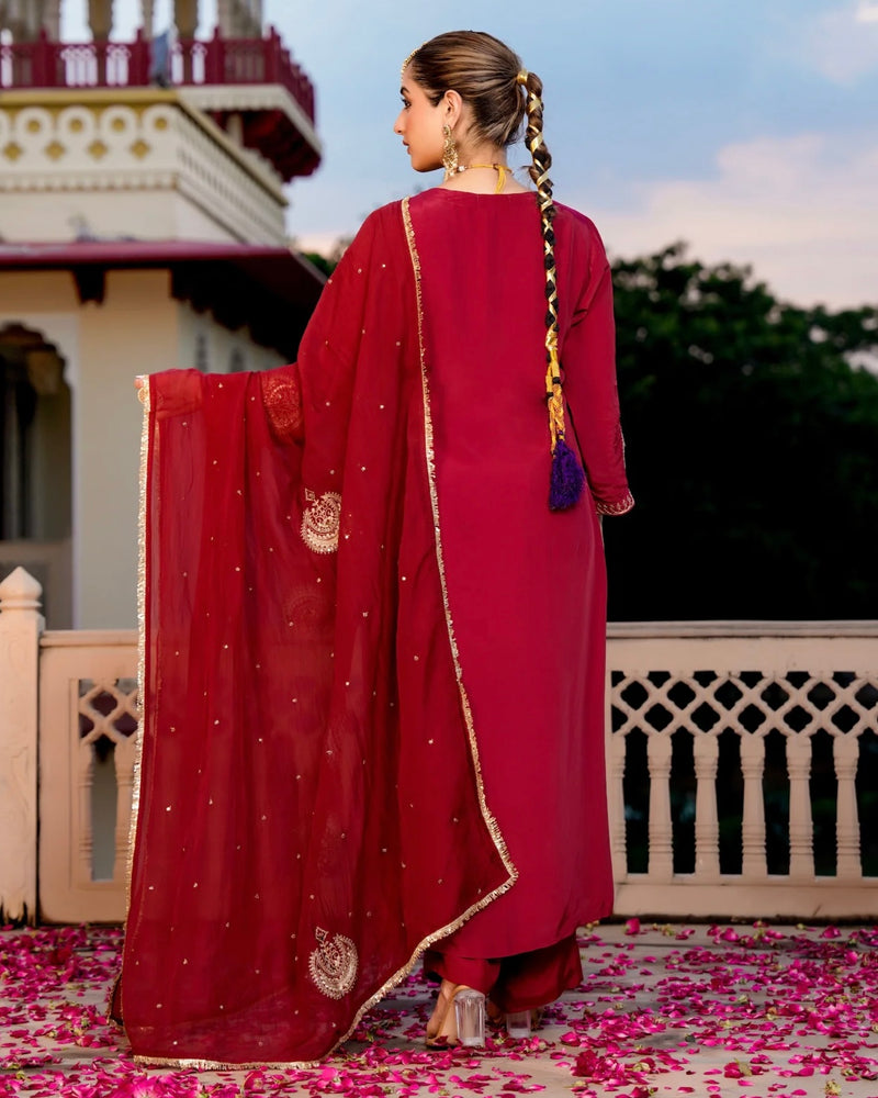 Ruhani Maroon Pure Crepe A Line Festive Suit