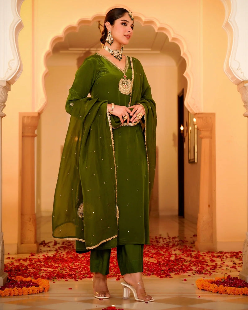 Ruhani Green Pure Crepe A Line Festive Suit