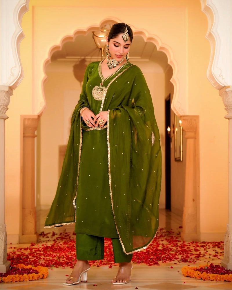 Ruhani Green Pure Crepe A Line Festive Suit