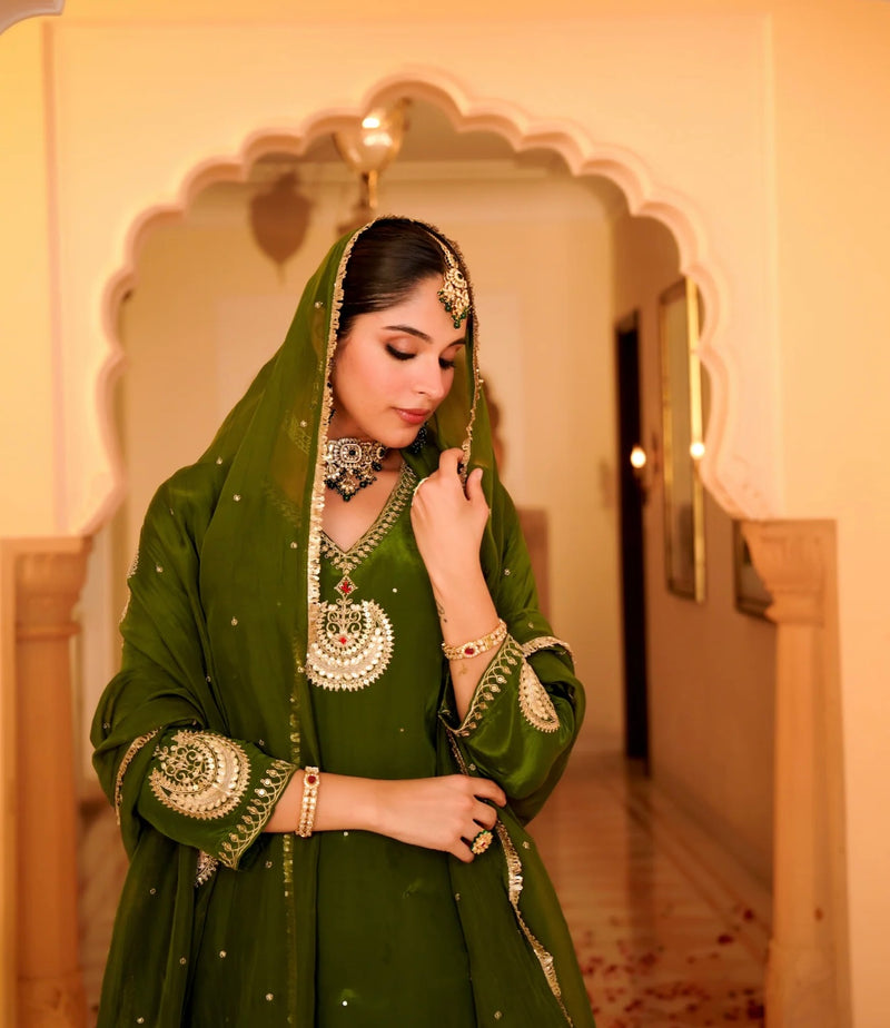 Ruhani Green Pure Crepe A Line Festive Suit