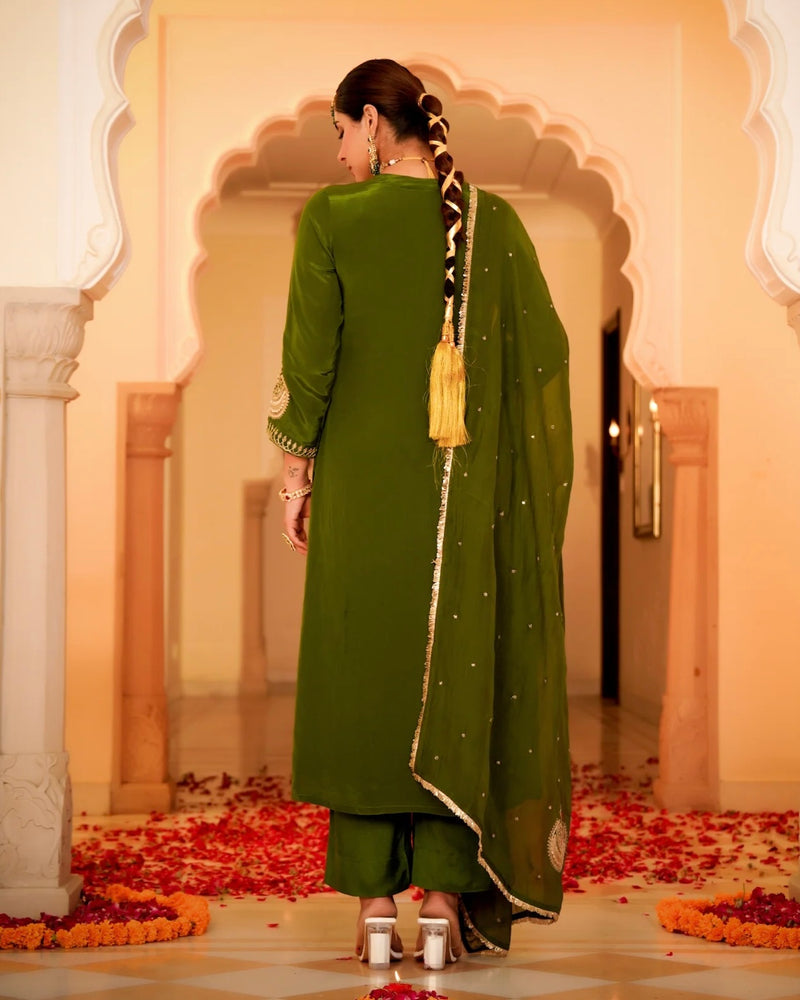 Ruhani Green Pure Crepe A Line Festive Suit