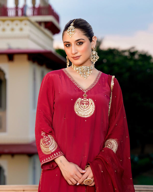 Ruhani Maroon Pure Crepe A Line Festive Suit