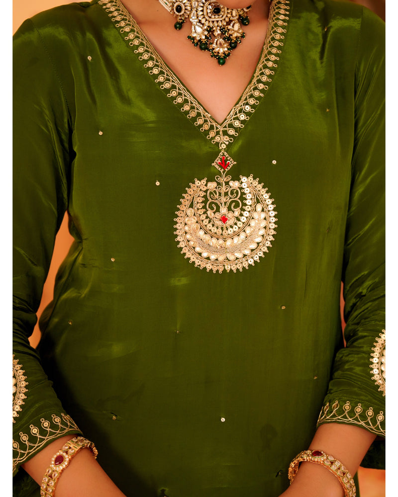 Ruhani Green Pure Crepe A Line Festive Suit