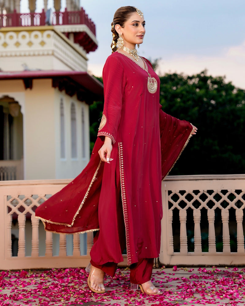 Ruhani Maroon Pure Crepe A Line Festive Suit