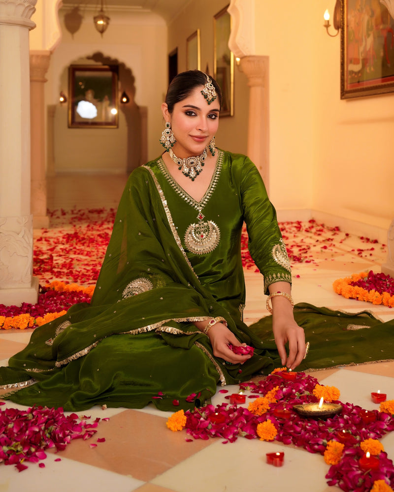 Ruhani Green Pure Crepe A Line Festive Suit