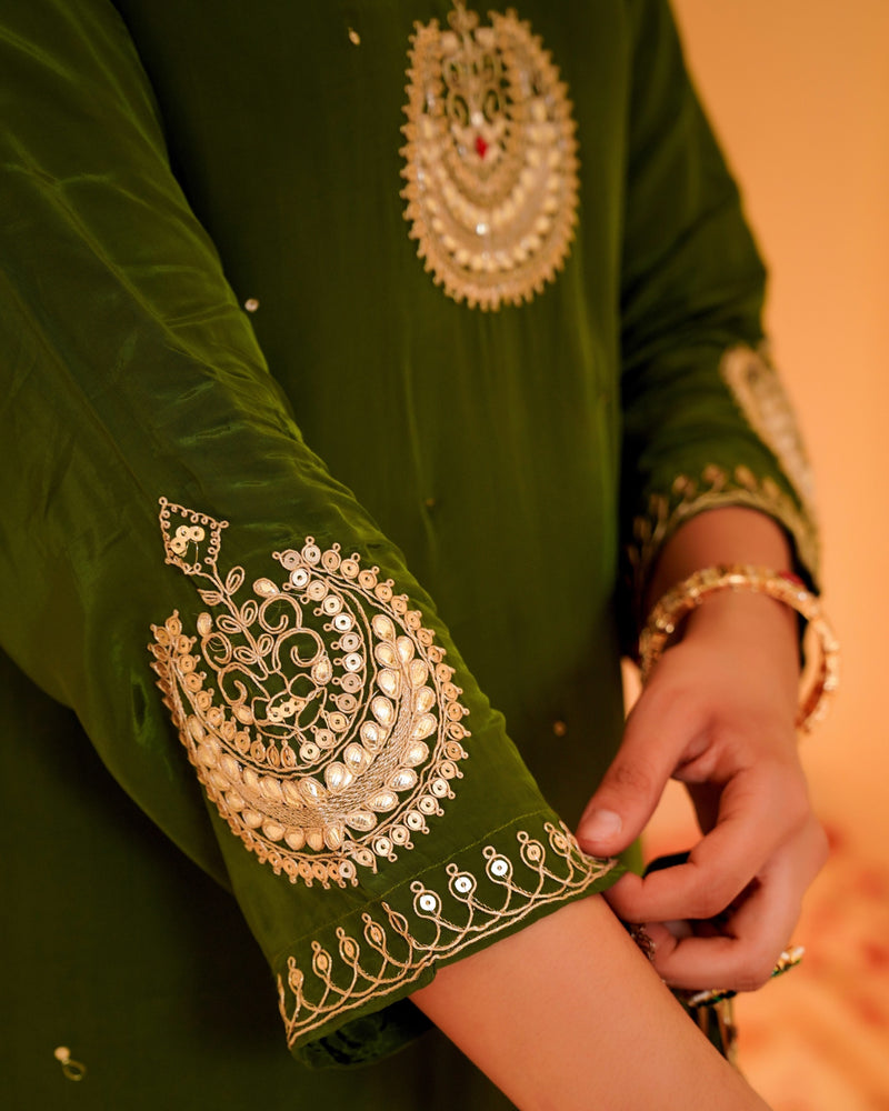 Ruhani Green Pure Crepe A Line Festive Suit