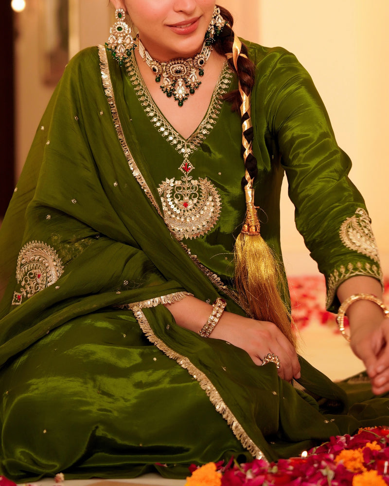 Ruhani Green Pure Crepe A Line Festive Suit