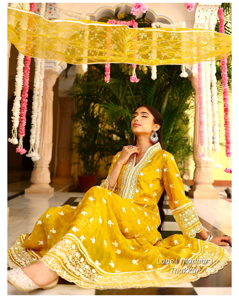 Greenish Yellow Festive Organza Anarkali