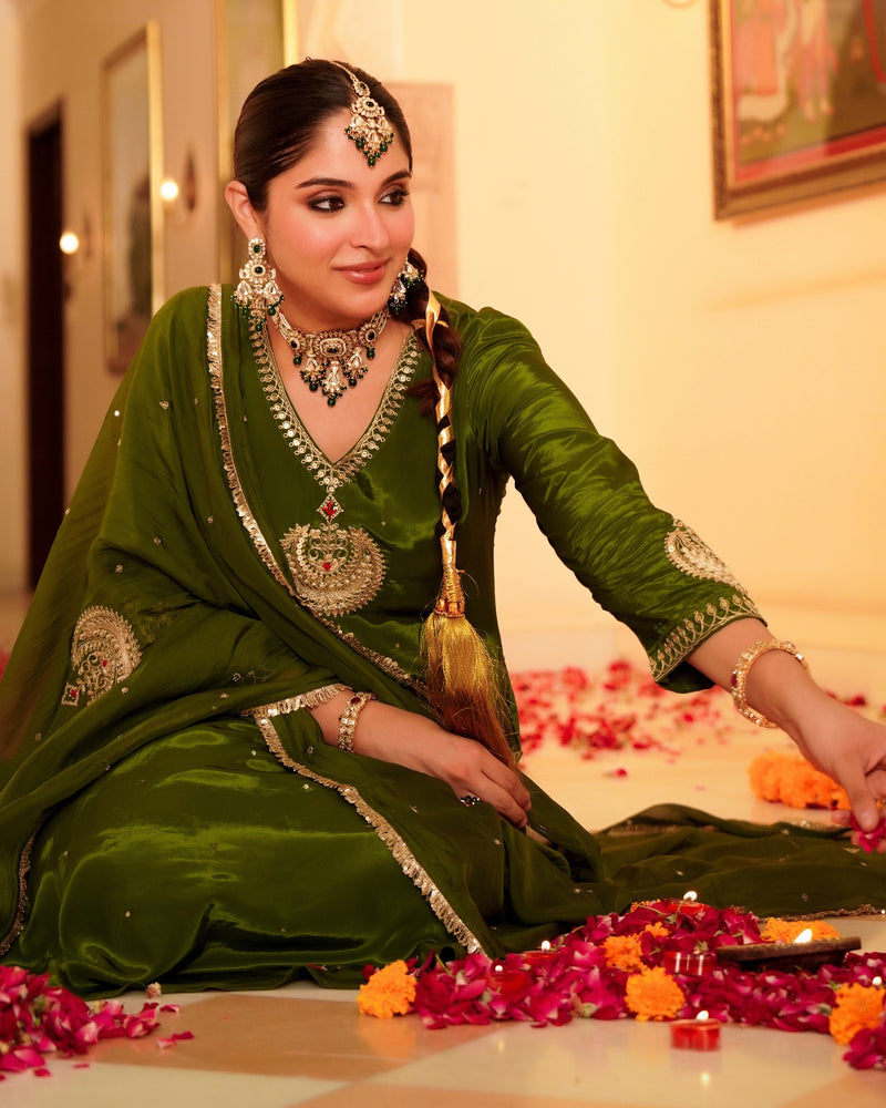 Ruhani Green Pure Crepe A Line Festive Suit