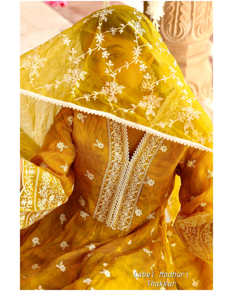 Greenish Yellow Festive Organza Anarkali