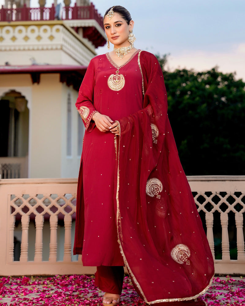 Ruhani Maroon Pure Crepe A Line Festive Suit