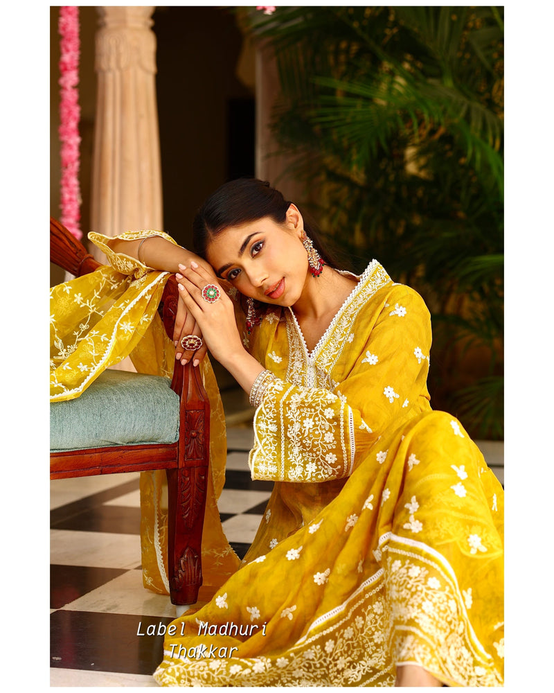 Greenish Yellow Festive Organza Anarkali