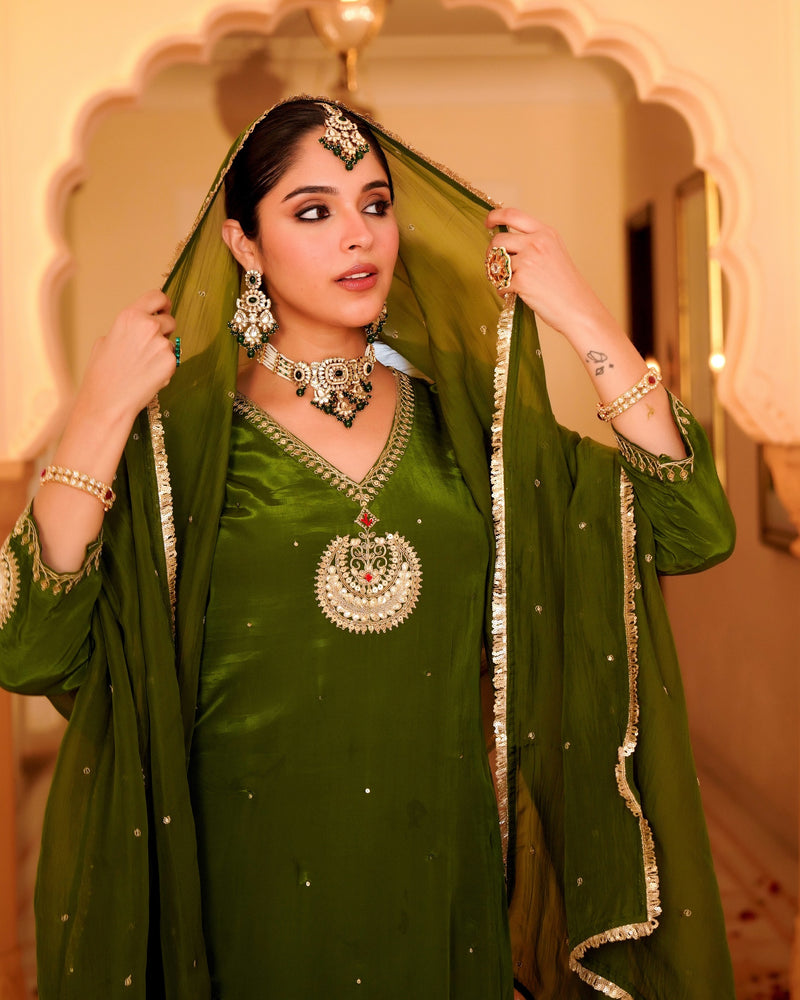 Ruhani Green Pure Crepe A Line Festive Suit