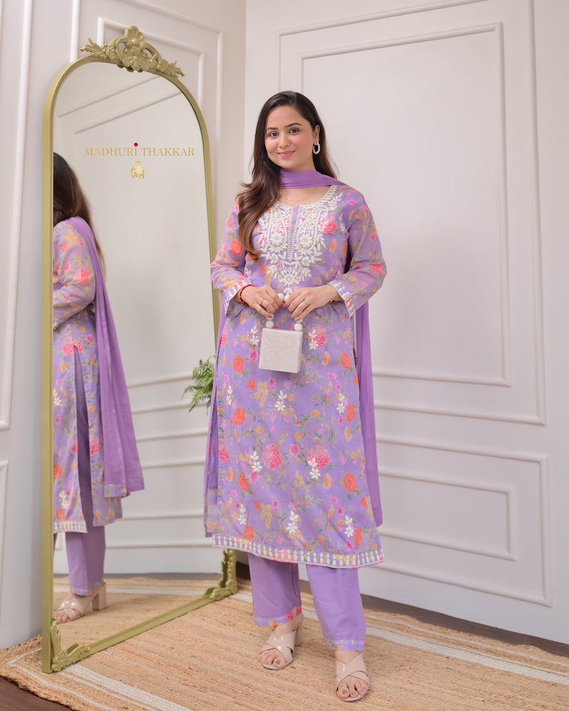 Lavender Chikankari Mul Cotton Suit
