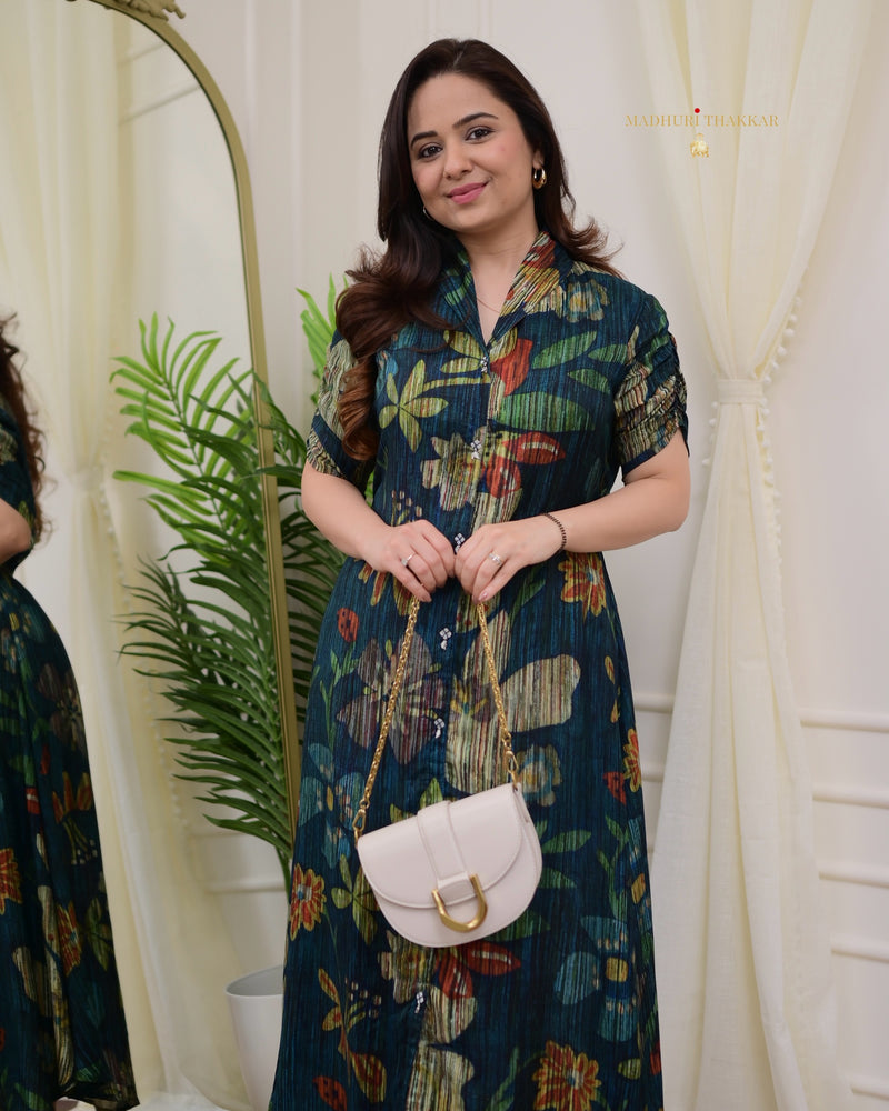 Rama Blue Botanical Print A Line Premium Muslin Maxi Dress For Women – Label Madhuri Thakkar Rama Blue Botanical Print A Line Premium Muslin Maxi Dress For Women – Label Madhuri Thakkar