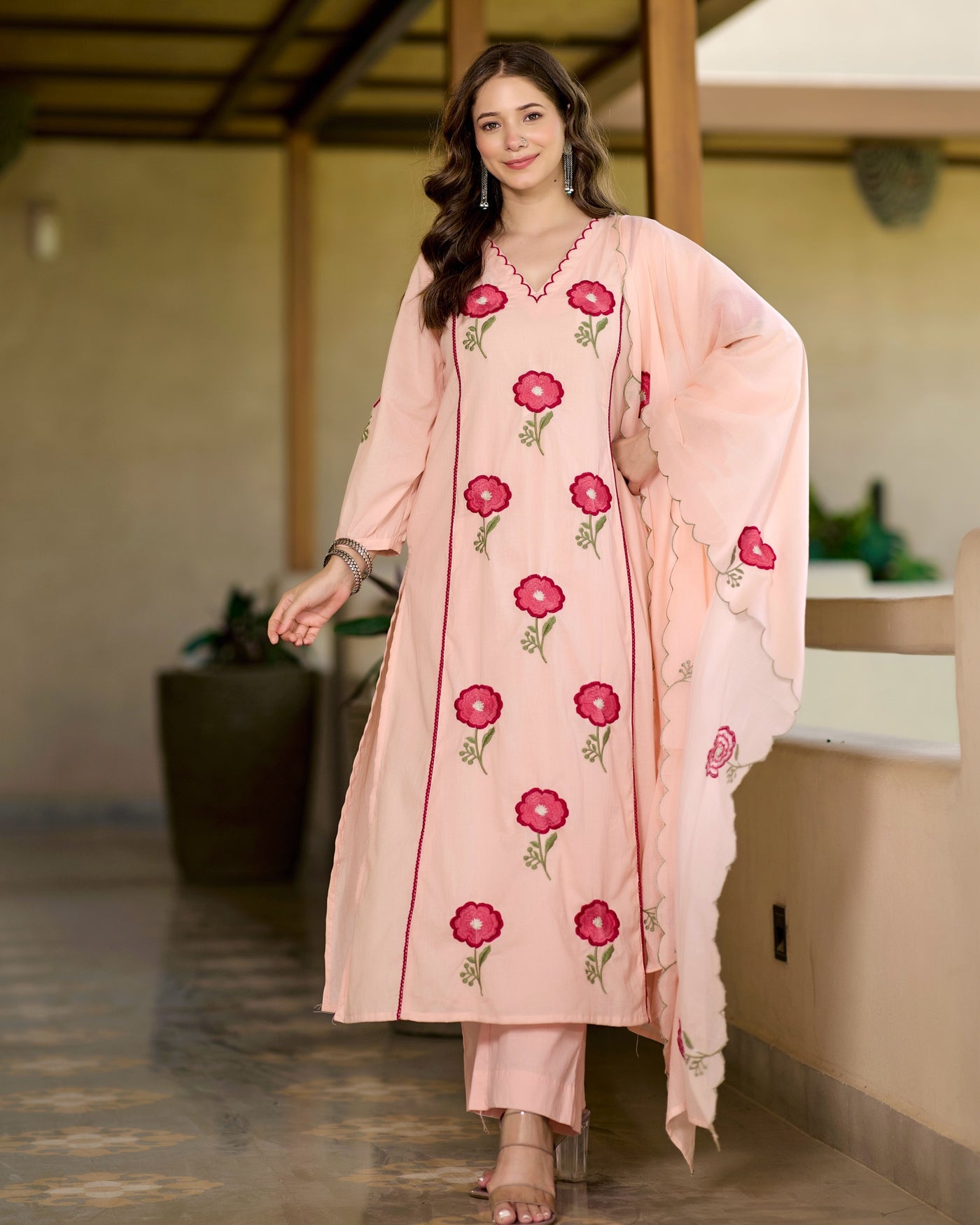 Blush Bloom Threaded A Line Premium Cotton Suit