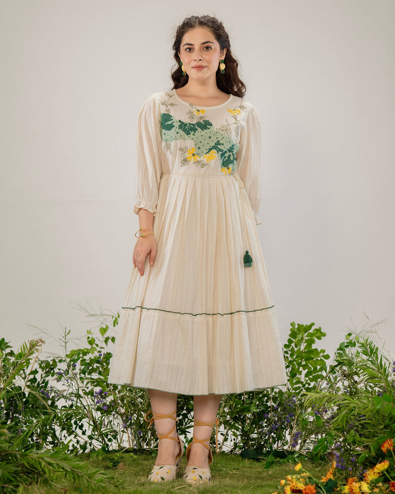Ivory Botanic Bloom Threadwork Cotton A Line Dress