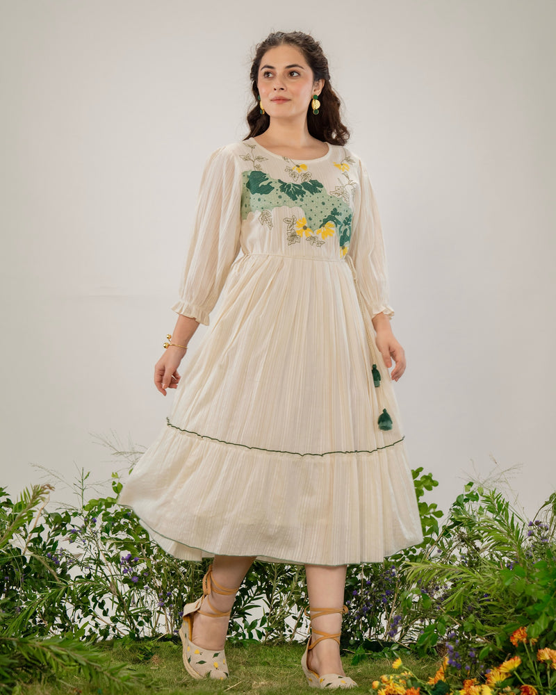 Ivory Botanic Bloom Threadwork Cotton A Line Dress