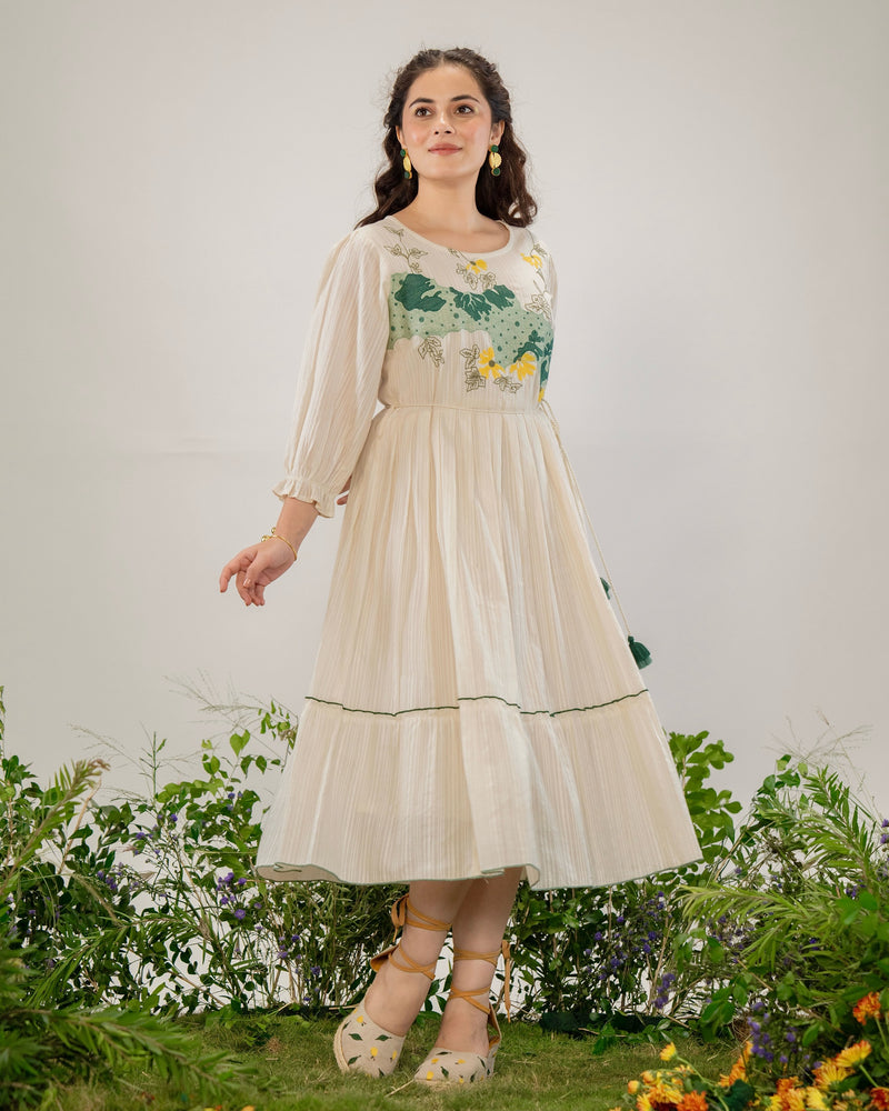 Ivory Botanic Bloom Threadwork Cotton A Line Dress