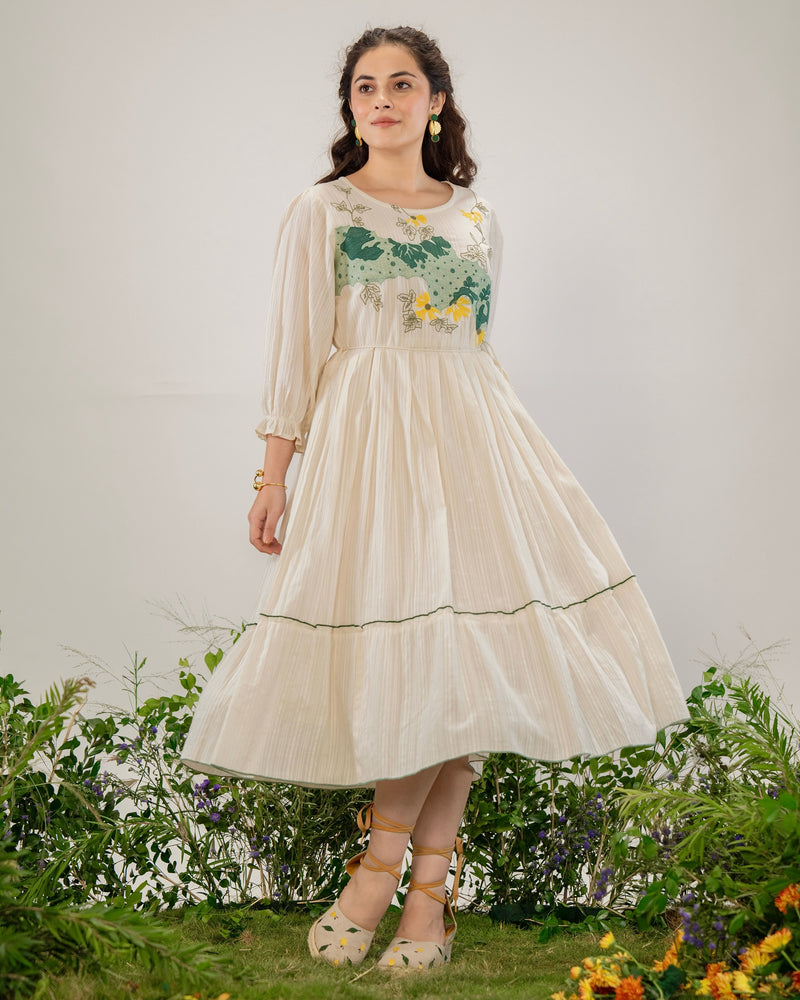Ivory Botanic Bloom Threadwork Cotton A Line Dress